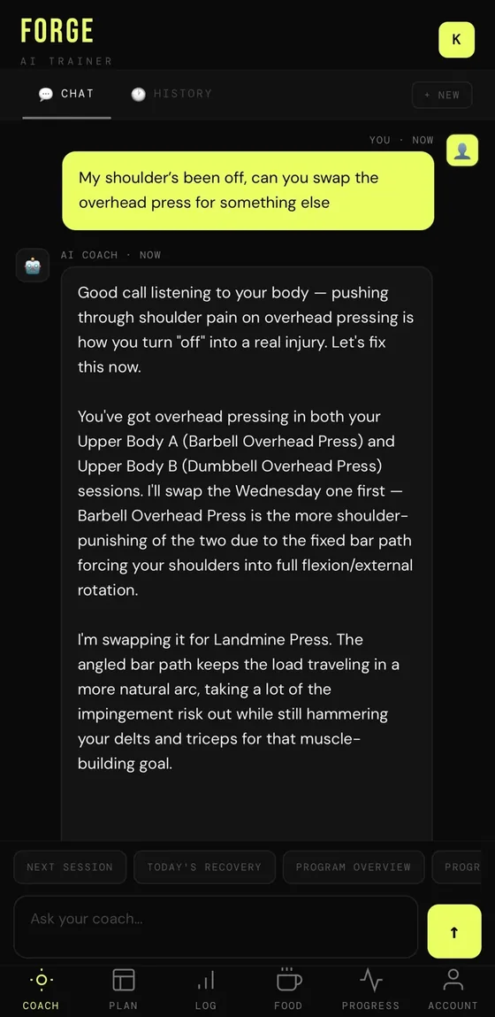 The FORGE AI coach mid-conversation: the athlete says their shoulder has been off and asks to swap the overhead press, and the coach replies with a landmine press and the reason for the swap.