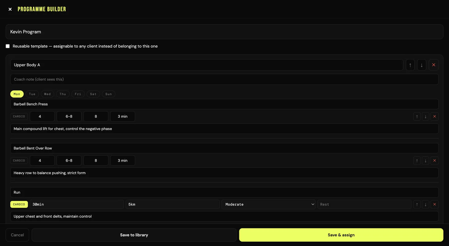 The FORGE programme builder open on a training week, with editable exercises, sets, reps, rest and coach notes, and Save to library and Save and assign buttons along the bottom.