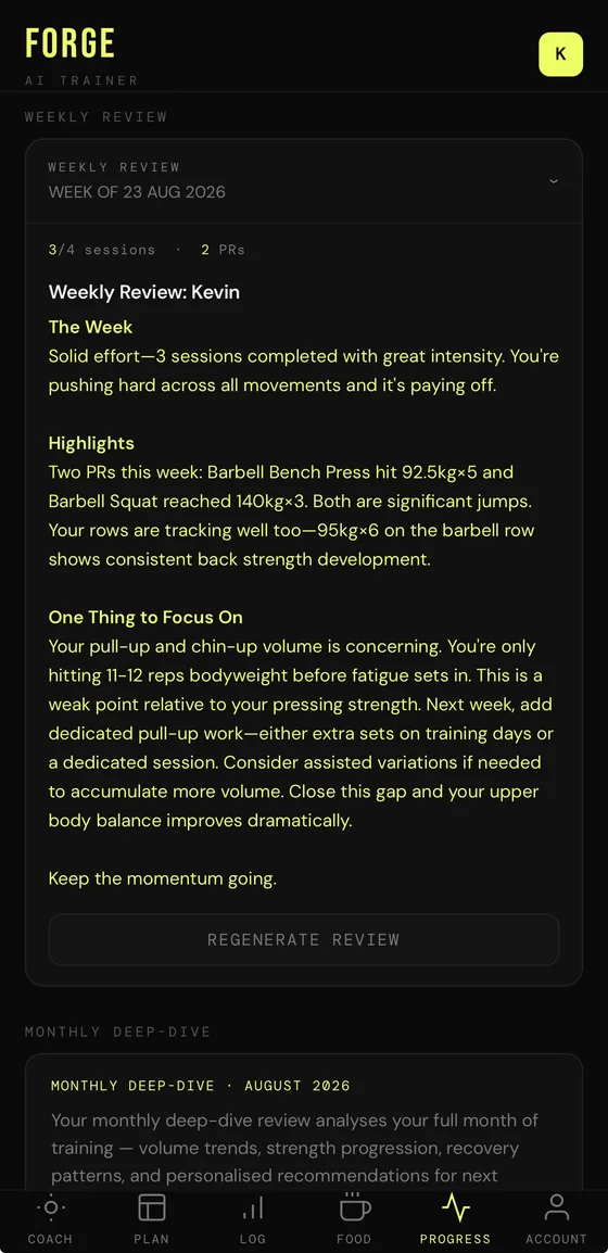 A weekly review in FORGE showing three of four sessions completed and two personal records, with a written summary of the week, the highlights and one focus for next week.